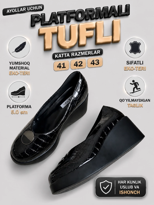 Platforma ustidagi ulkan poyabzal, 41, 42, 43 o‘lchamli, qulay