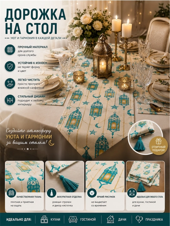 Настольная дорожка (170 × 40 см) и салфетки под приборы (31 см) из турецкой ткани «Duck» - 