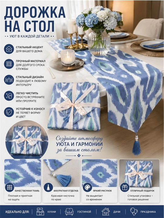 Настольная дорожка (170 × 40 см) и салфетки под приборы (31 см) из турецкой ткани «Duck» - 