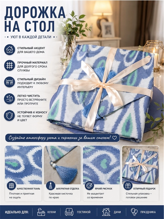 Настольная дорожка (170 × 40 см) и салфетки под приборы (31 см) из турецкой ткани «Duck»