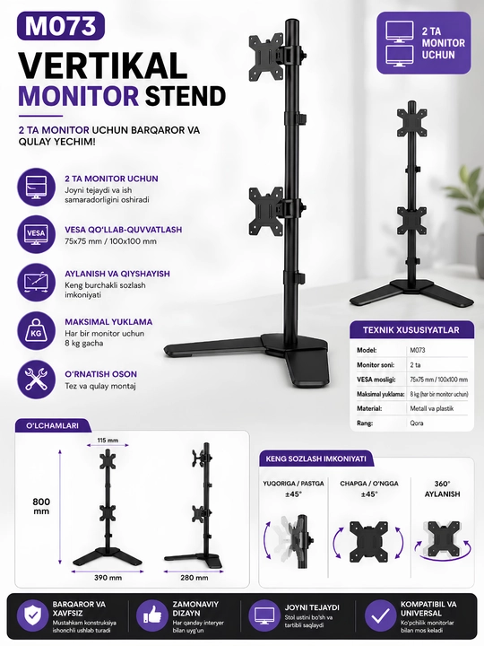 Ikki monitor uchun stol kronshteyni M073