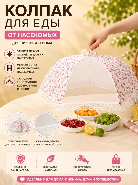 Oziq-ovqat soyaboni piknik uchun, hasharotlardan himoya, 50x70 sm, 4 rang - 