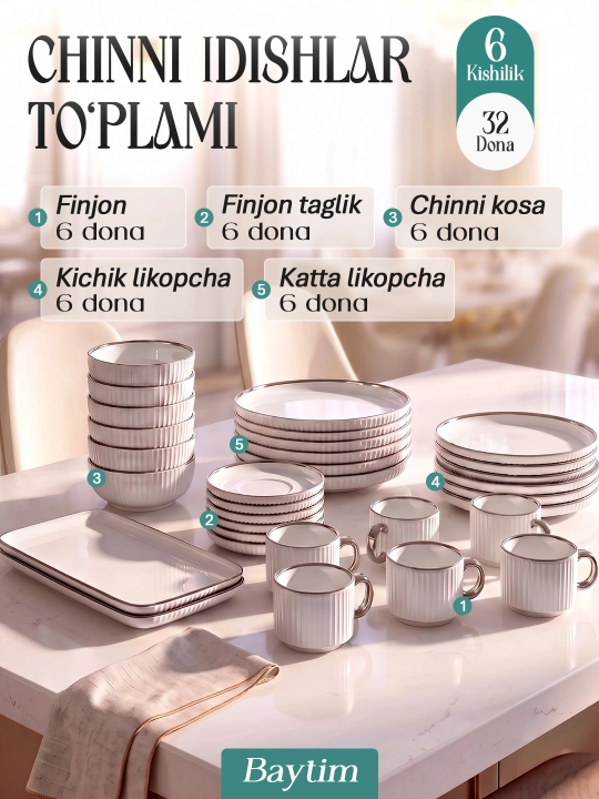 Idishlar to'plami Baytim, chinni oshxona idishlari, 6 kishilik, 32 ta buyum