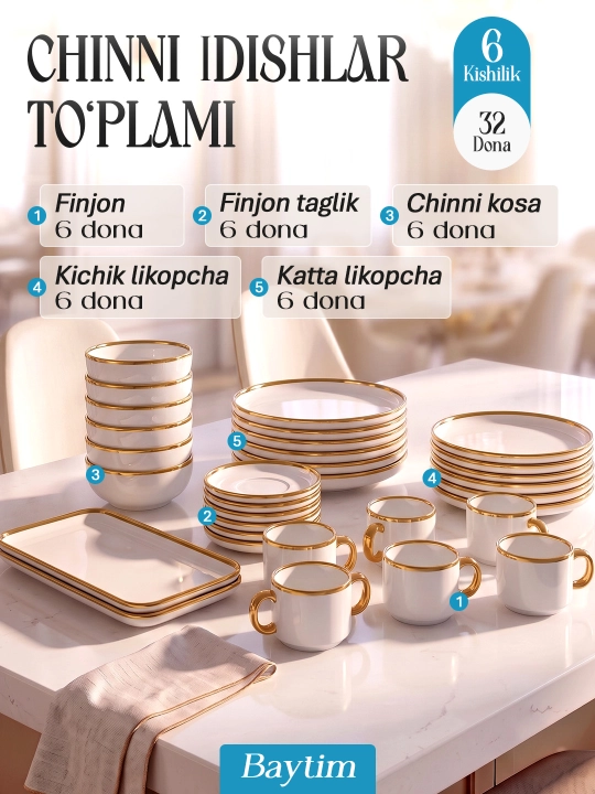 Idishlar to'plami Baytim, chinni oshxona idishlari, 6 kishilik, 32 ta buyum