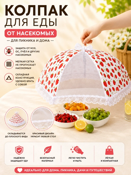 Oziq-ovqat soyaboni piknik uchun, hasharotlardan himoya, 50x70 sm, 4 rang - 