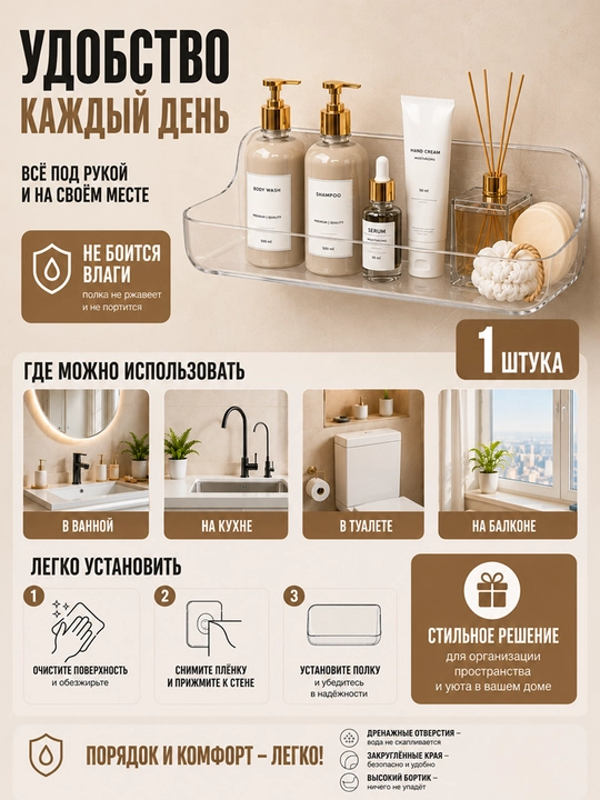 Полка для ванной, органайзер для косметике, для хранения, без сверления, пластиковая