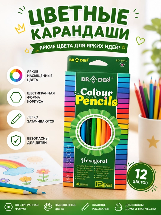 BRADEN Hexagonal rangli qalamlar, 12 ta rang, olti qirrali korpus - 