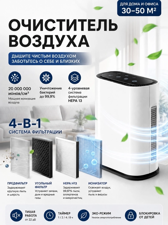 Очиститель воздуха ионизатор, 50 м2 - 