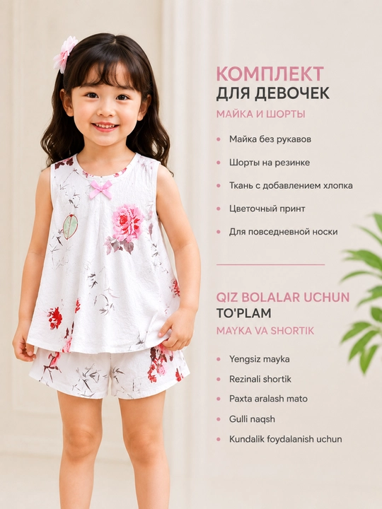 Qiz bolalar uchun gulli to'plam (mayka va shortik)