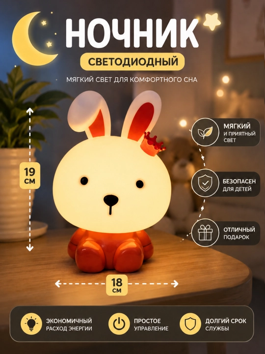 Ночник — декоративная настольная лампа для детской комнаты, мягкий свет - 