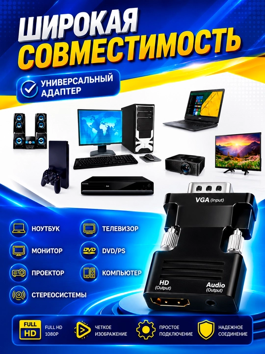 VGA → HDMI adapter (bir yo‘nalishli), Full HD 1080P, AUX audio va USB quvvat bilan