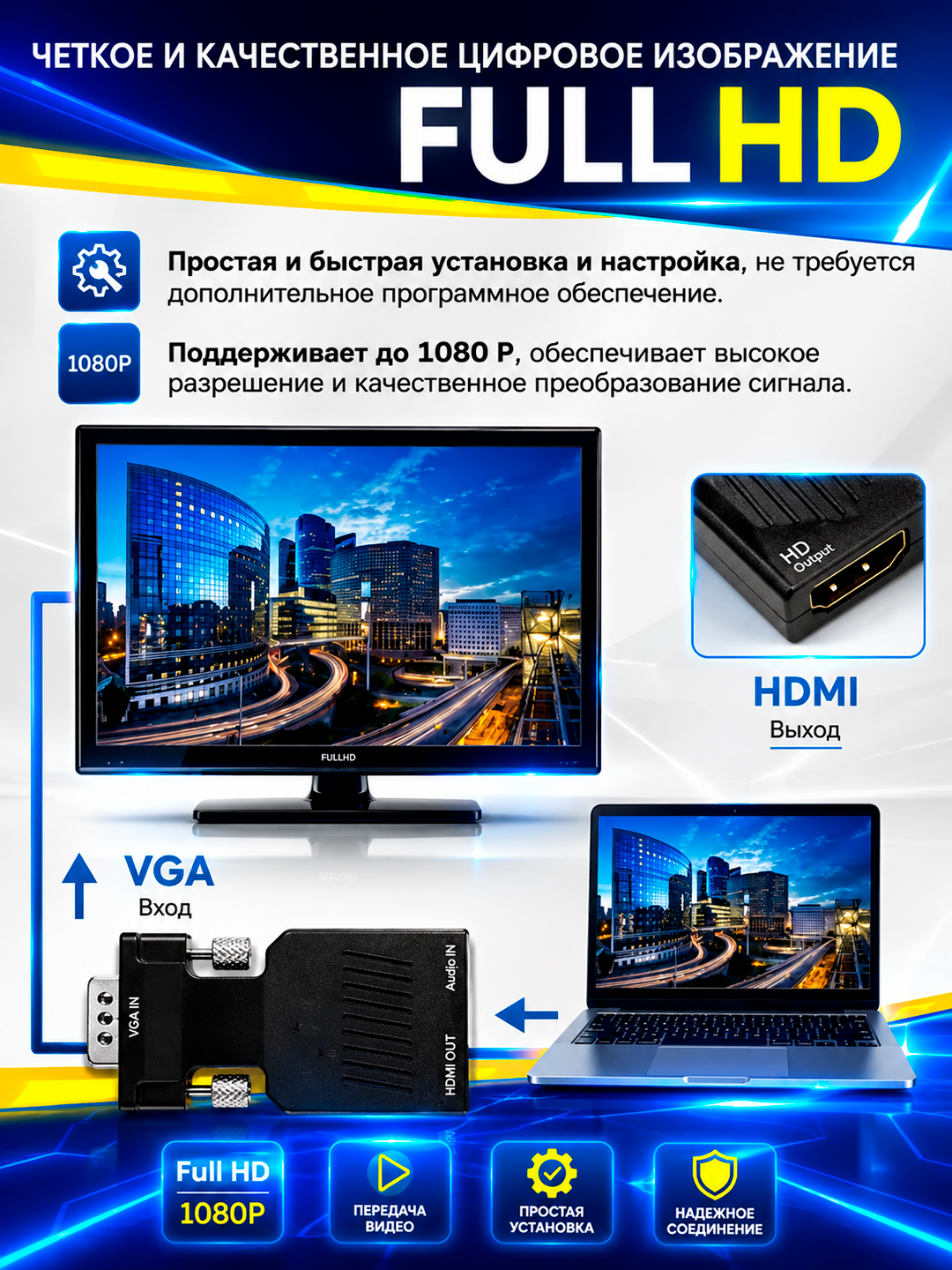 VGA → HDMI adapter (bir yo‘nalishli), Full HD 1080P, AUX audio va USB quvvat bilan