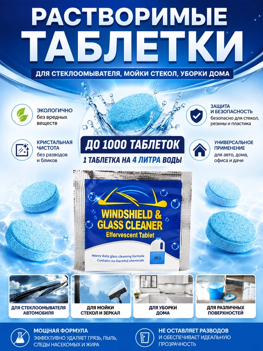 Моющий концентрат для мытья стекол автомобиля, таблетка в бачок омывателя - 