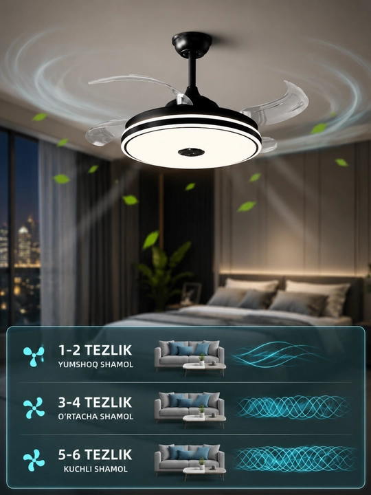 Lyustra shift ventilyatorli LED 90 sm, pultli, 3 rejim, Bluetooth kolonka qandil va lustra