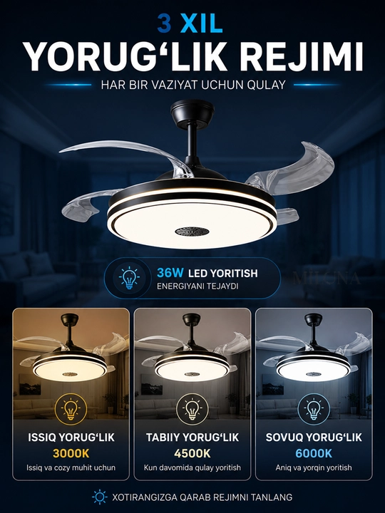 Lyustra shift ventilyatorli LED 90 sm, pultli, 3 rejim, Bluetooth kolonka qandil va lustra