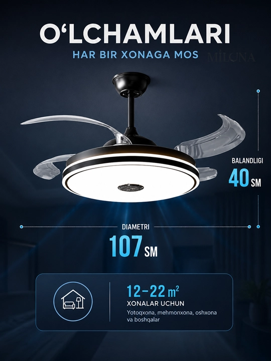 Lyustra shift ventilyatorli LED 90 sm, pultli, 3 rejim, Bluetooth kolonka qandil va lustra