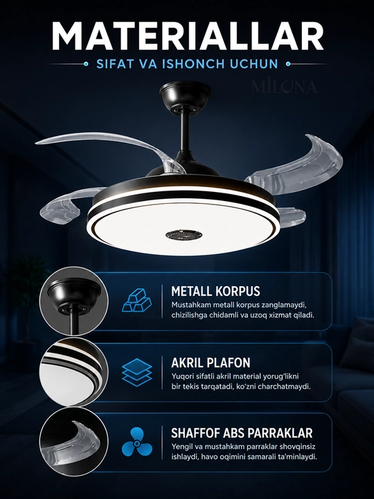 Lyustra shift ventilyatorli LED 90 sm, pultli, 3 rejim, Bluetooth kolonka qandil va lustra