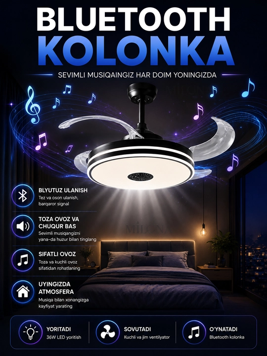 Lyustra shift ventilyatorli LED 90 sm, pultli, 3 rejim, Bluetooth kolonka qandil va lustra