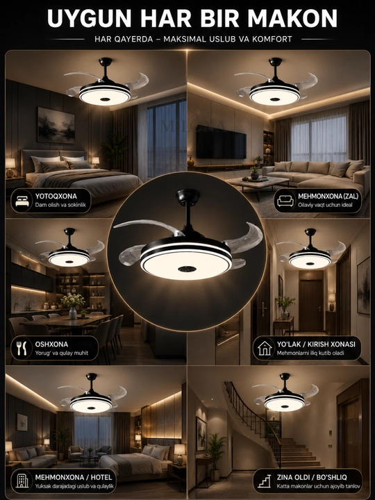 Lyustra shift ventilyatorli LED 90 sm, pultli, 3 rejim, Bluetooth kolonka qandil va lustra