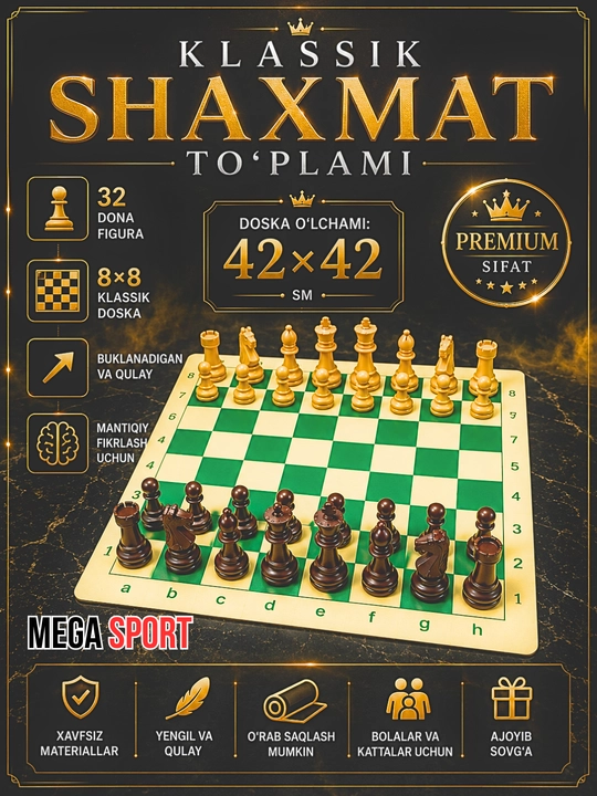 Yig‘iladigan shaxmat to‘plami, 42×42 sm o‘lchamdagi ekocharm taxta, 32 dona
