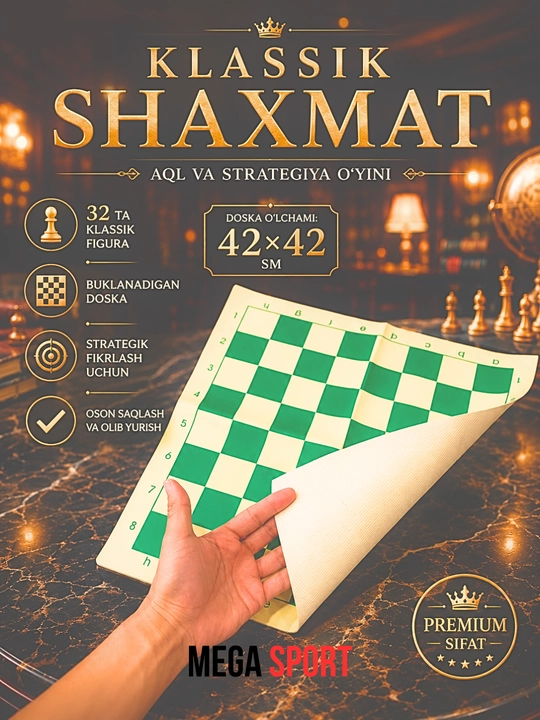 Yig‘iladigan shaxmat to‘plami, 42×42 sm o‘lchamdagi ekocharm taxta, 32 dona