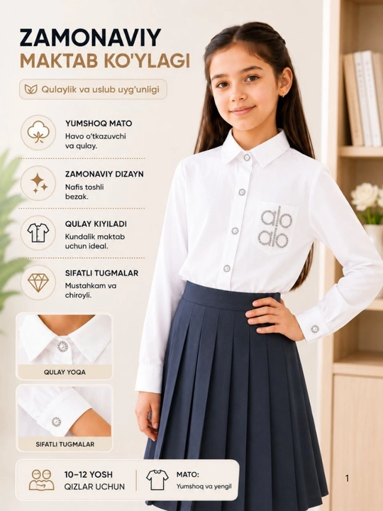 Qizlar uchun oq maktab bluzkasi, uzun yengli, maktab formasi, 6–12 yosh - 