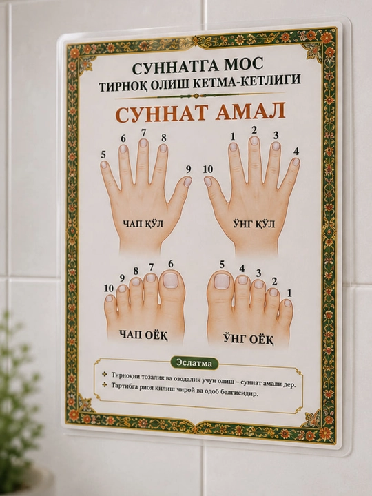 Sunnatga mos tirnok olish ketma-ketligi ko'rsatmalari laminatlangan