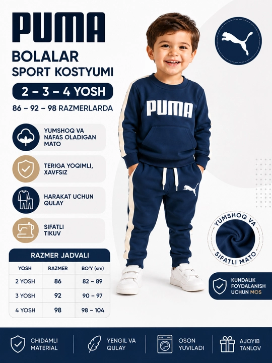 Детский спортивный костюм PUMA 2–4 года для мальчиков и девочек, мягкий комплект - 