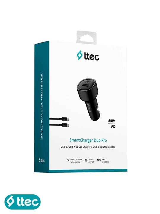 TTEC 48W PD Avtomobil zaryadlagichi USB-C+USB-A, USB-C — USB-C kabel 120 sm