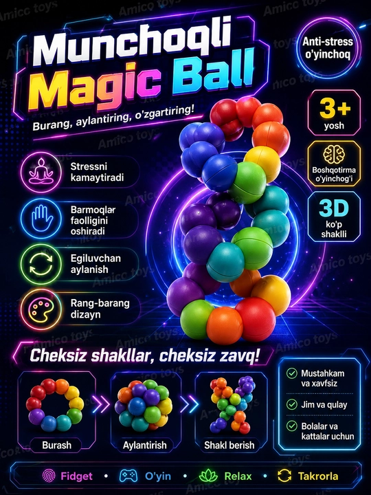 Beaded Magic Ball antistress boshqotirma, 3D transformatsiyalanuvchi shar