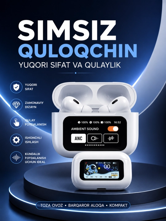 Simsiz Bluetooth Quloqlik – Sensor Boshqaruv, Bluetooth 5.3 va Smart Displeyli Quti - 