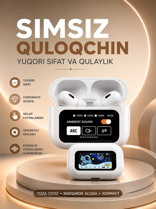 Simsiz Bluetooth Quloqlik – Sensor Boshqaruv, Bluetooth 5.3 va Smart Displeyli Quti - 