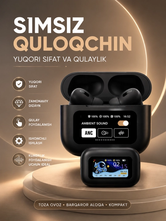 Simsiz Bluetooth Quloqlik – Sensor Boshqaruv, Bluetooth 5.3 va Smart Displeyli Quti - 