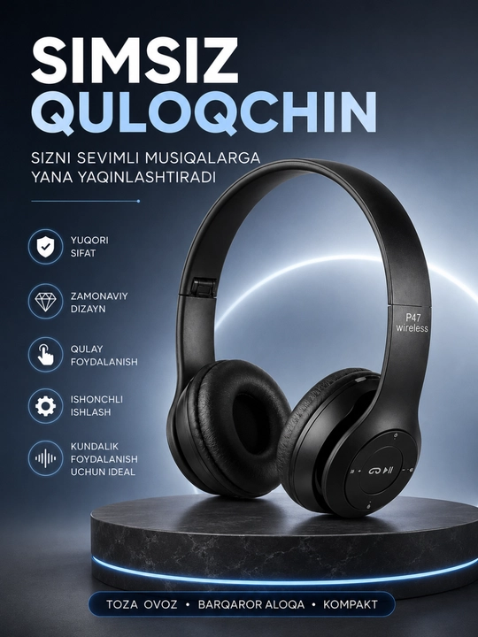 P47 Wireless Bluetooth Quloqchin – Stereo Ovoz, Mikrofon, TF Karta va AUX Ulanish - 