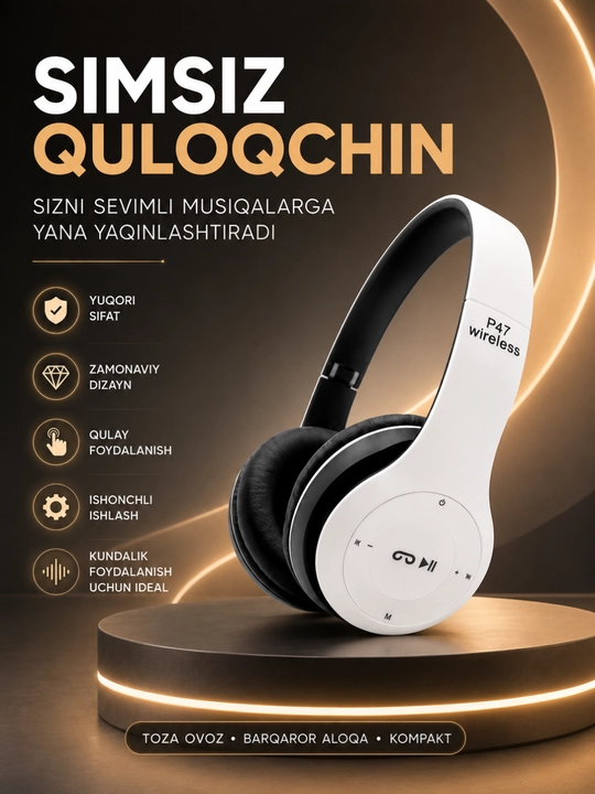P47 Wireless Bluetooth Quloqchin – Stereo Ovoz, Mikrofon, TF Karta va AUX Ulanish - 