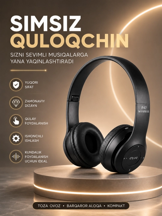 P47 Wireless Bluetooth Quloqchin – Stereo Ovoz, Mikrofon, TF Karta va AUX Ulanish - 