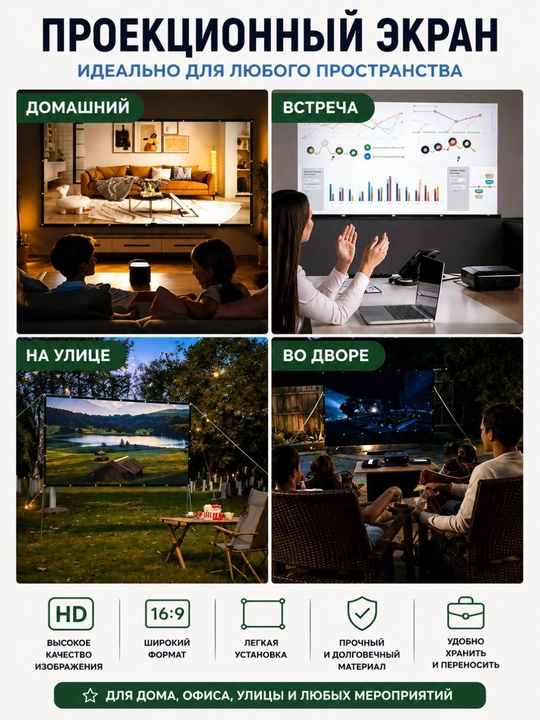 Proektor uchun yorug'likni aks ettiruvchi mato (ekran polotnosi), devorga osiladigan