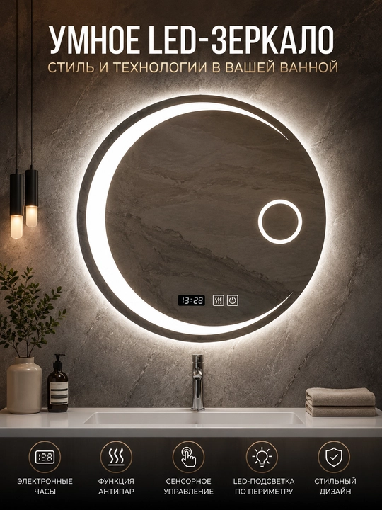 Круглое LED-зеркало 70×70 см, 3 цвета, часы, антизапотевание, для ванной