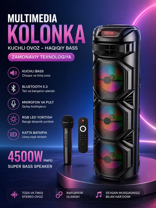 Ko‘p funksiyali Bluetooth karaoke kolonkasi RGB LED, simsiz mikrofon va pult bilan - 