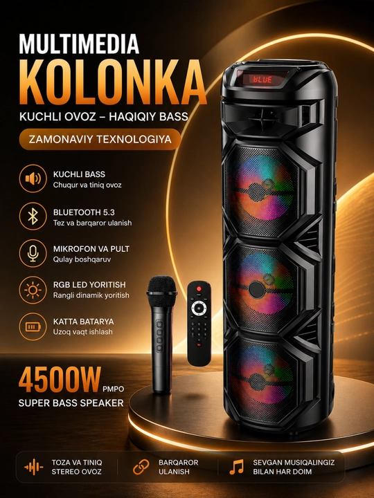 Ko‘p funksiyali Bluetooth karaoke kolonkasi RGB LED, simsiz mikrofon va pult bilan - 