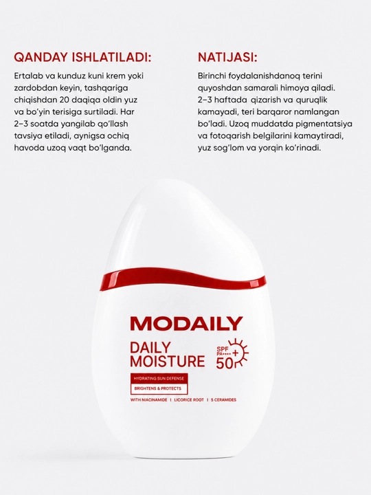 MODAILY SPF 50 yuz kremi, quyoshdan himoya,namlovchi krem, kunduzgi krem, SPF, yuz parvarishi