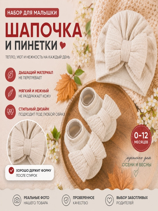 Комплект чалма-шапка и носочки и пинетки для новорожденных девочек, 0-12 - 