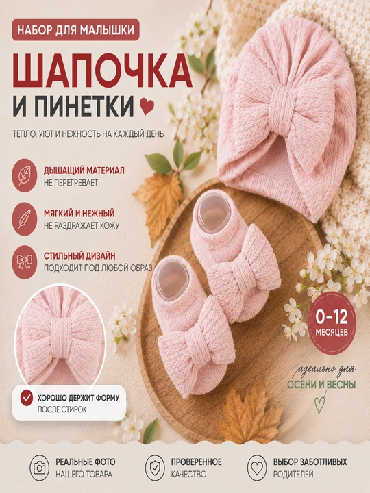 Комплект чалма-шапка и носочки и пинетки для новорожденных девочек, 0-12 - 