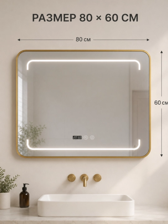 To‘rtburchak LED ko‘zgu 60×80 sm, soat, tumanga qarshi, vannaxona uchun