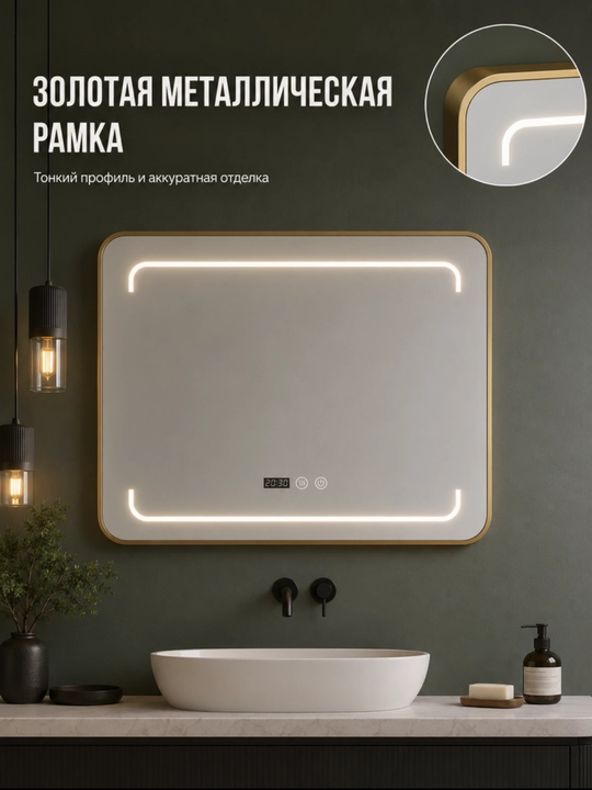To‘rtburchak LED ko‘zgu 60×80 sm, soat, tumanga qarshi, vannaxona uchun