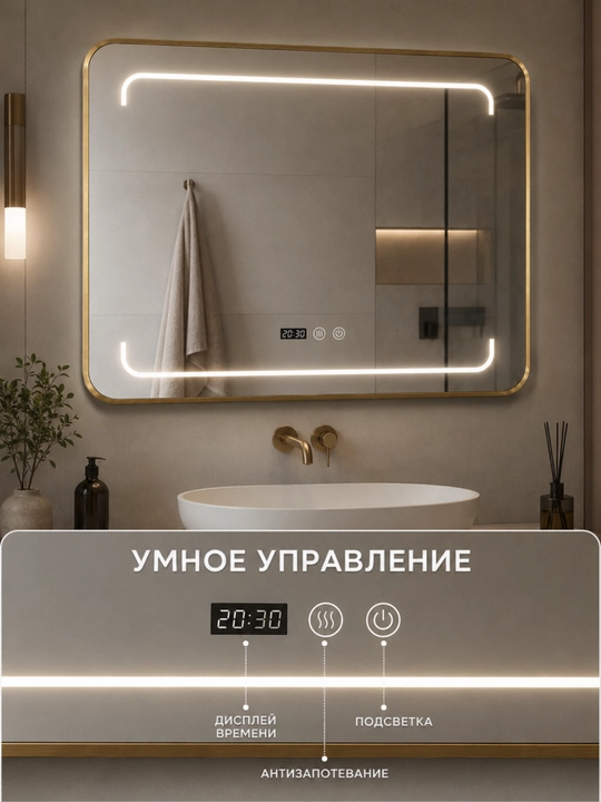 To‘rtburchak LED ko‘zgu 60×80 sm, soat, tumanga qarshi, vannaxona uchun