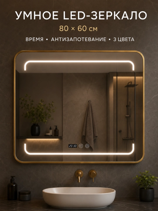 To‘rtburchak LED ko‘zgu 60×80 sm, soat, tumanga qarshi, vannaxona uchun
