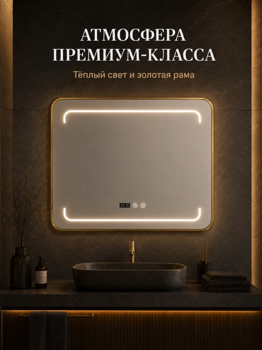 To‘rtburchak LED ko‘zgu 60×80 sm, soat, tumanga qarshi, vannaxona uchun
