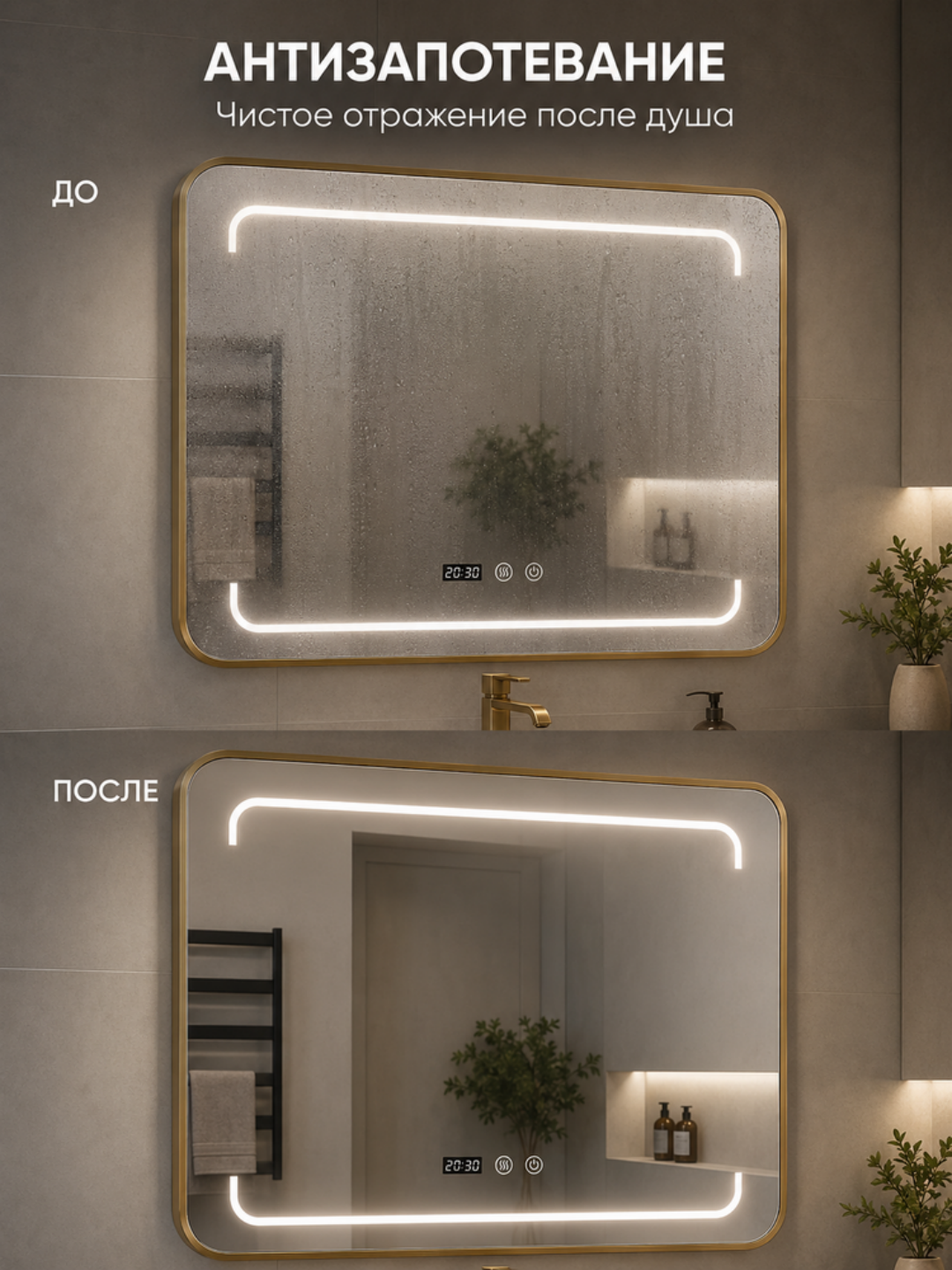 To‘rtburchak LED ko‘zgu 60×80 sm, soat, tumanga qarshi, vannaxona uchun