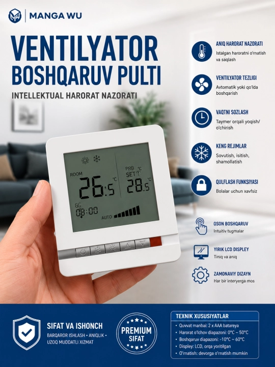 Ventilyator boshqaruv pulti (LCD termostat), harorat va tezlik nazorati - 